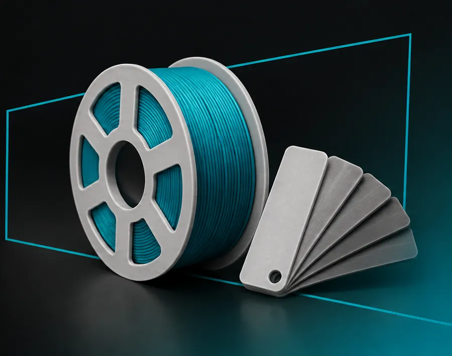 A teal custom-colour filament spool next to colour sample chips