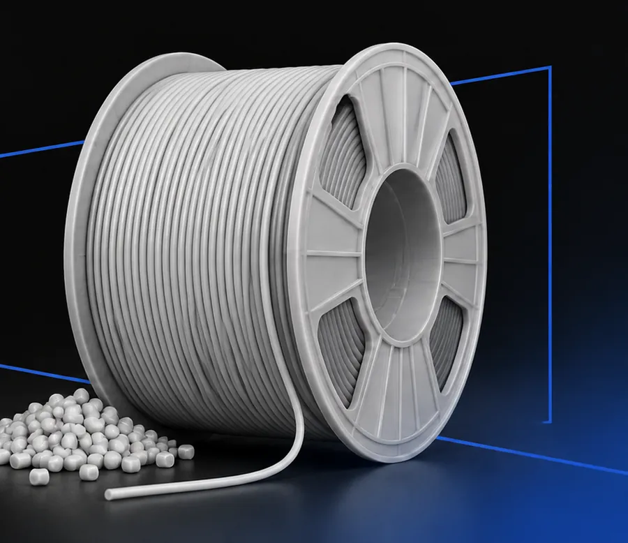 A spool of grey filament with polymer pellets in front of it