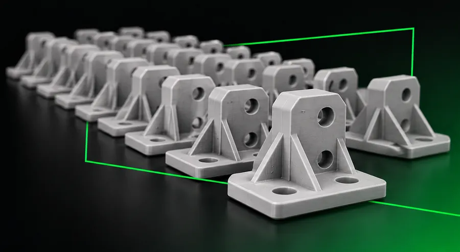 Rows of identical 3D-printed mounting brackets produced in series
