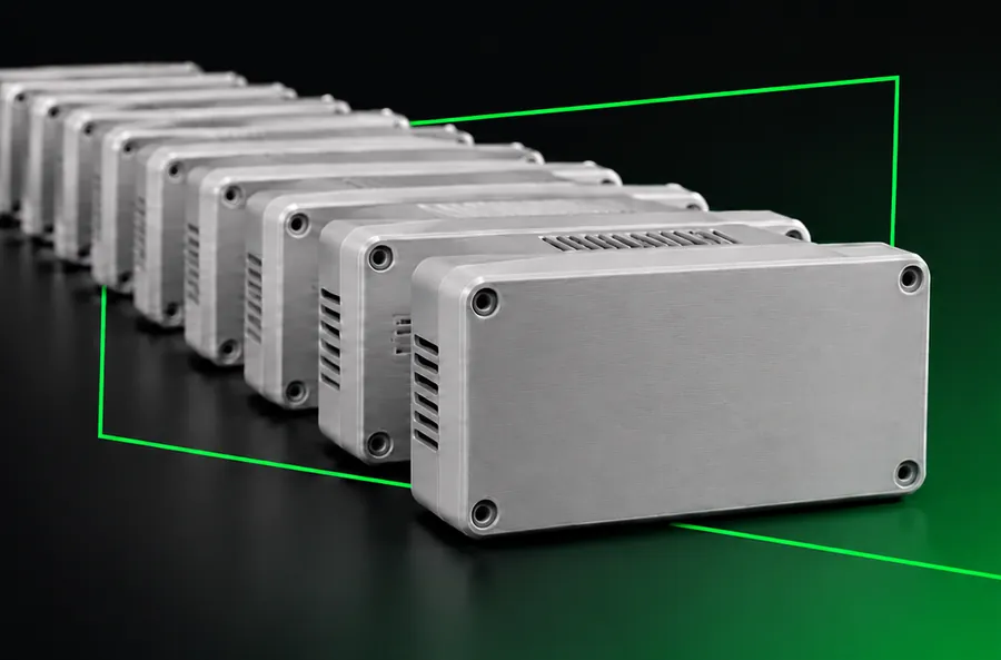 A series of identical grey 3D-printed electronics enclosures lined up on a black surface